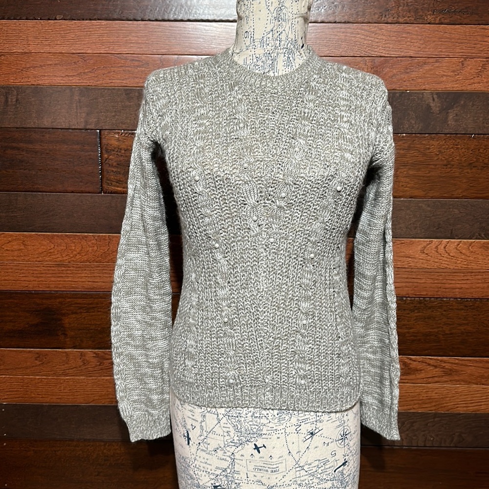 Pink Angel Crew Neck Long Sleeve Gray Pearl Embellished Sweater
